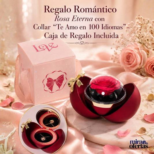 Regalo Romántico Rosa Eterna con Collar “Te Amo en 100 Idiomas” – Caja de Regalo Incluida